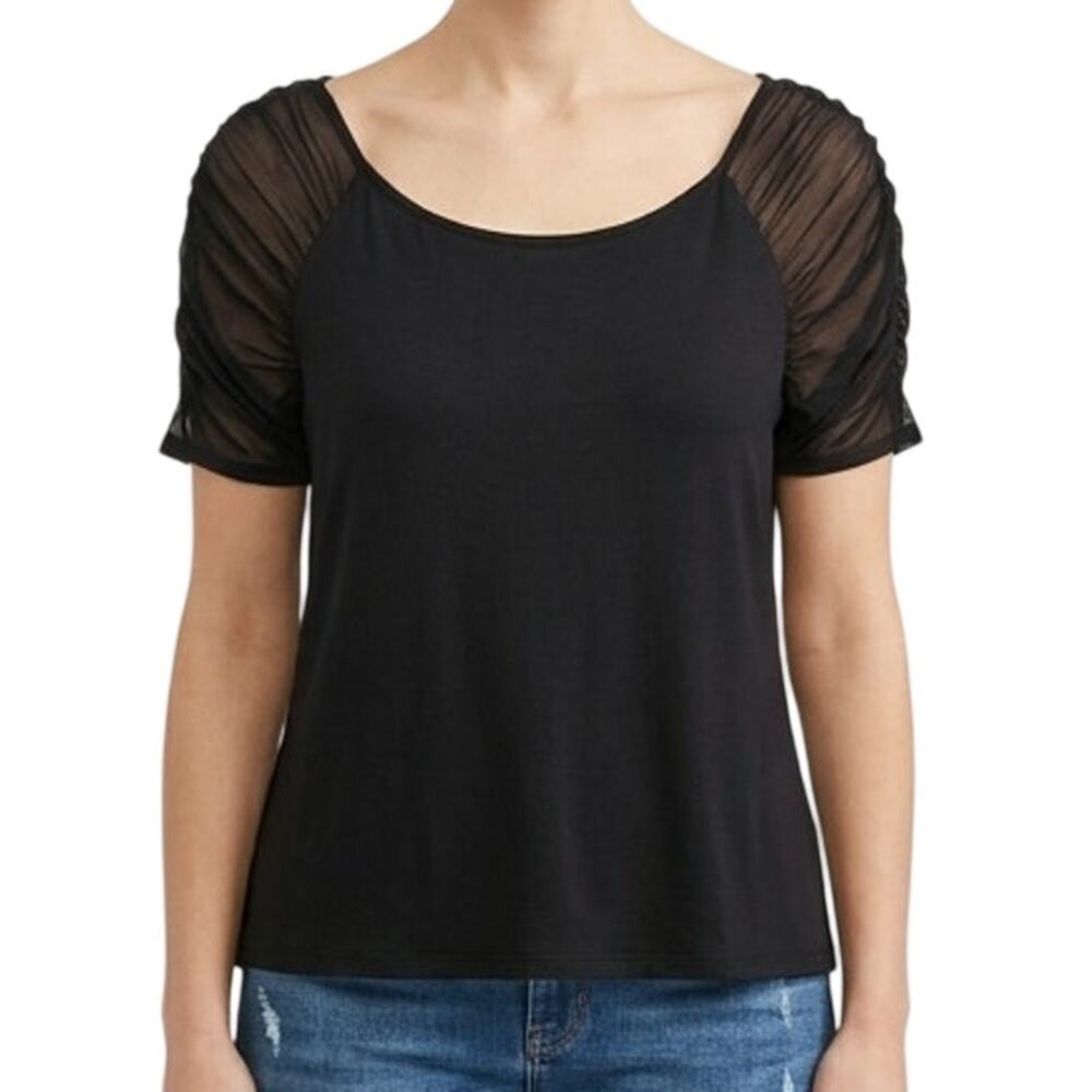 INC International Concepts Black Mesh Scoop Neck Short Sleeve Tee Shirt size L